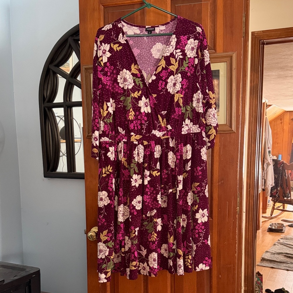 Torrid Burgundy and White Floral Long Sleeve Dress